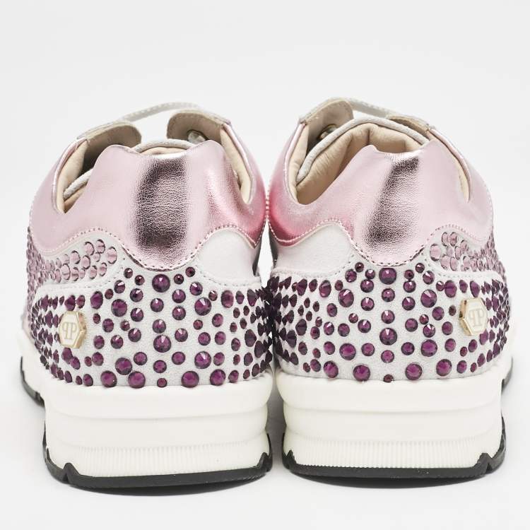 Pre Owned Philipp Plein Metallic Pink/White Leather and Suede Crystal Embellished Klarissa Sneakers Size 34