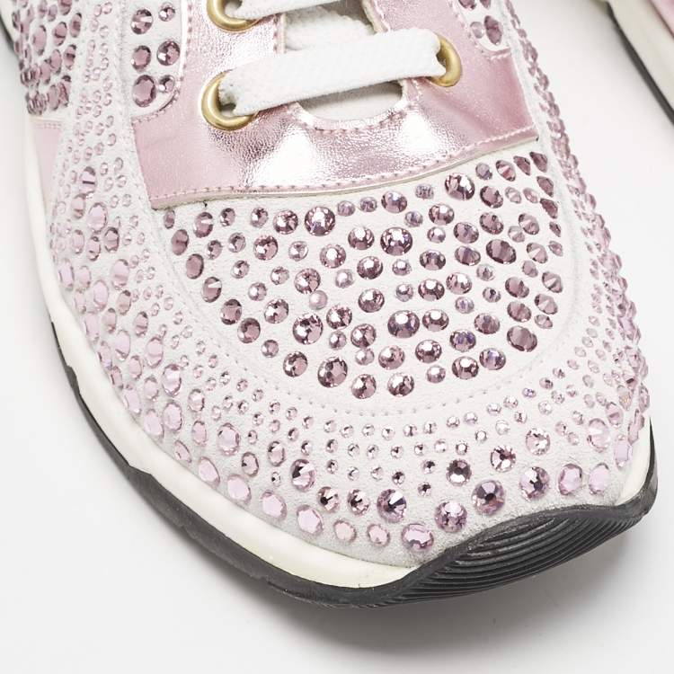 Pre Owned Philipp Plein Metallic Pink/White Leather and Suede Crystal Embellished Klarissa Sneakers Size 34