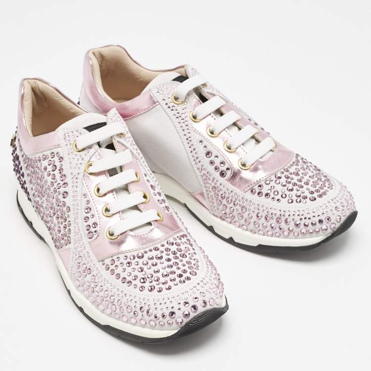 Pre Owned Philipp Plein Metallic Pink/White Leather and Suede Crystal Embellished Klarissa Sneakers Size 34