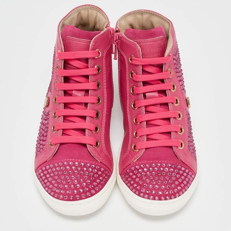 Pre Owned Philipp Plein Pink Suede Crystal Embellished High Top Sneakers Size 31
