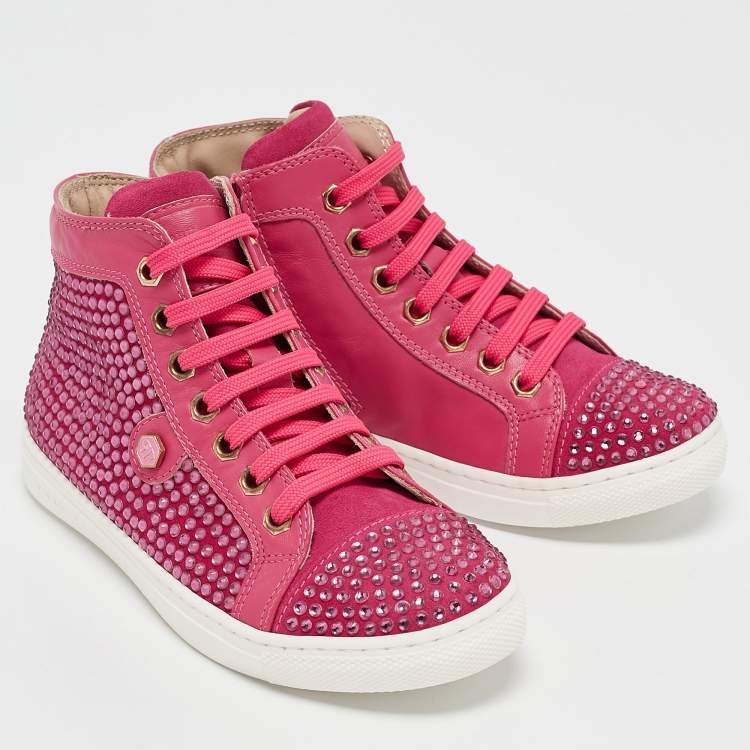 Pre Owned Philipp Plein Pink Suede Crystal Embellished High Top Sneakers Size 31