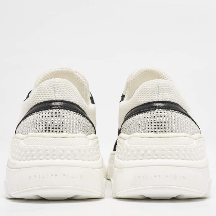 Pre Owned Philipp Plein White Mesh and Suede Crystal Embellished Runner Statement Sneakers Size 32