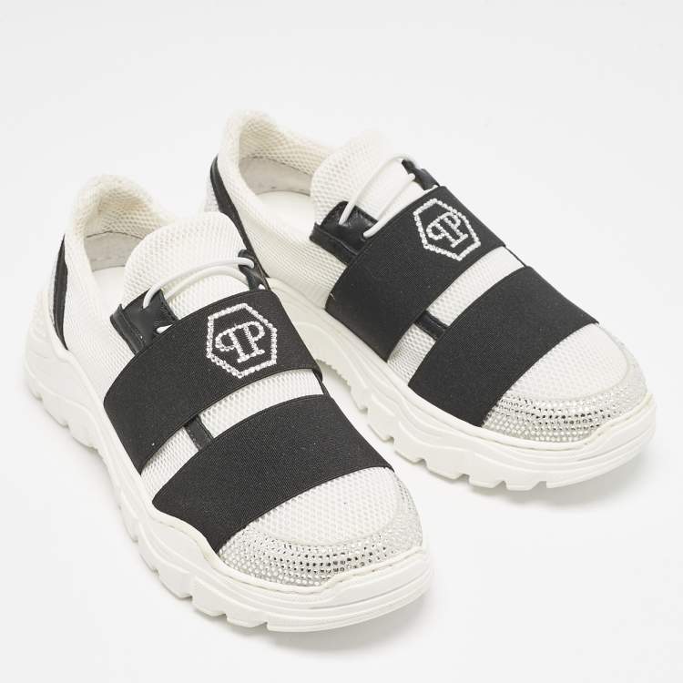 Pre Owned Philipp Plein White Mesh and Suede Crystal Embellished Runner Statement Sneakers Size 32
