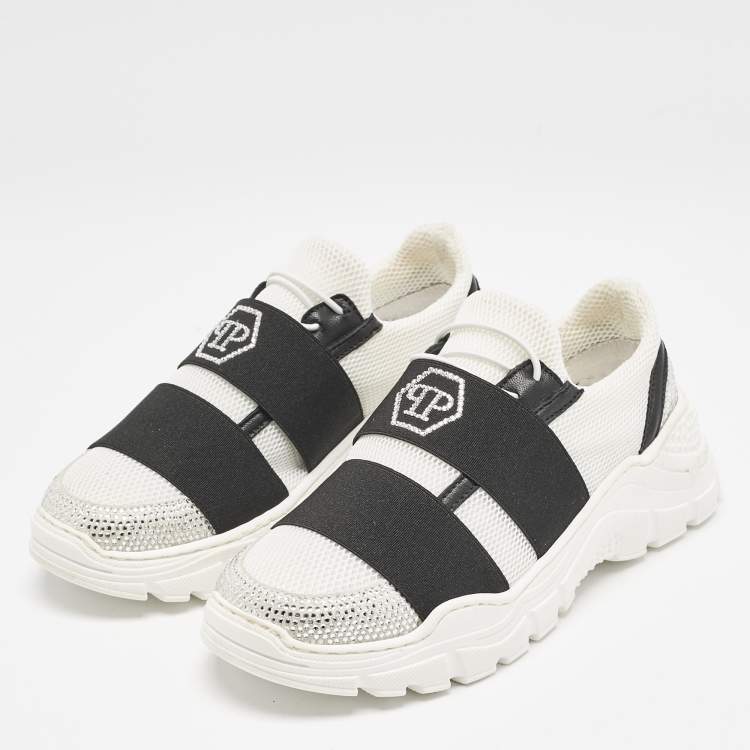 Pre Owned Philipp Plein White Mesh and Suede Crystal Embellished Runner Statement Sneakers Size 32