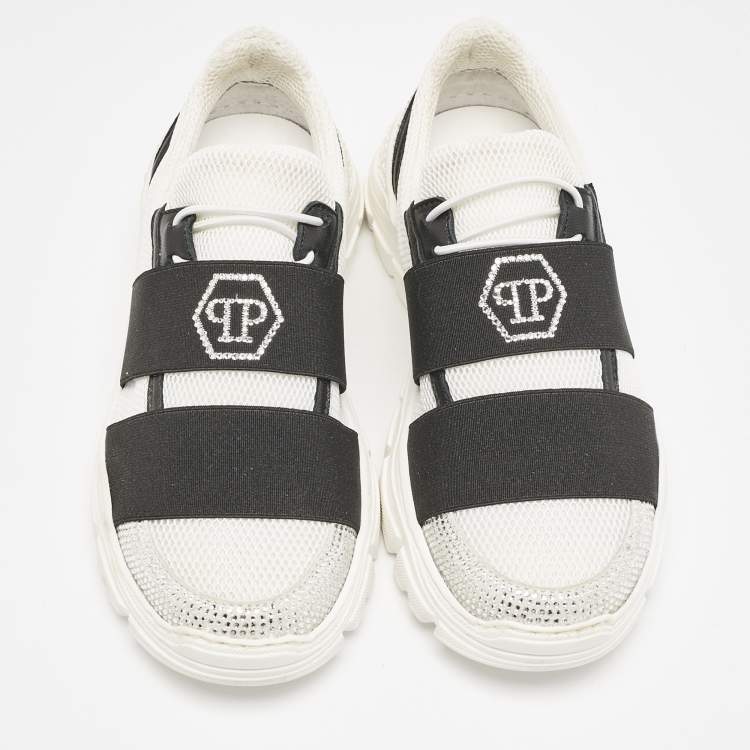 Pre Owned Philipp Plein White Mesh and Suede Crystal Embellished Runner Statement Sneakers Size 32