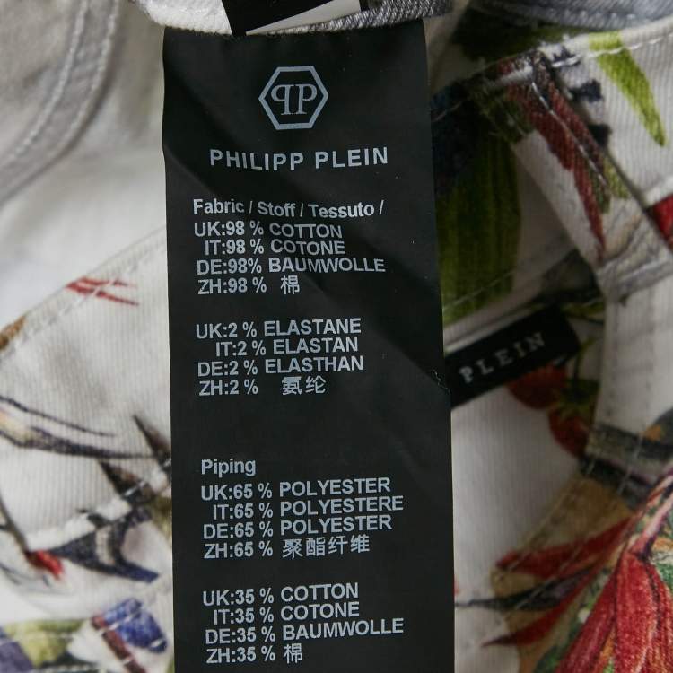 Pre Owned Philipp Plein Junior White Jungle Print Denim Studded Jeans 10 Yrs Waist 23" 