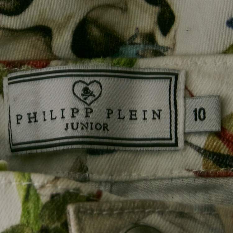 Pre Owned Philipp Plein Junior White Jungle Print Denim Studded Jeans 10 Yrs Waist 23" 
