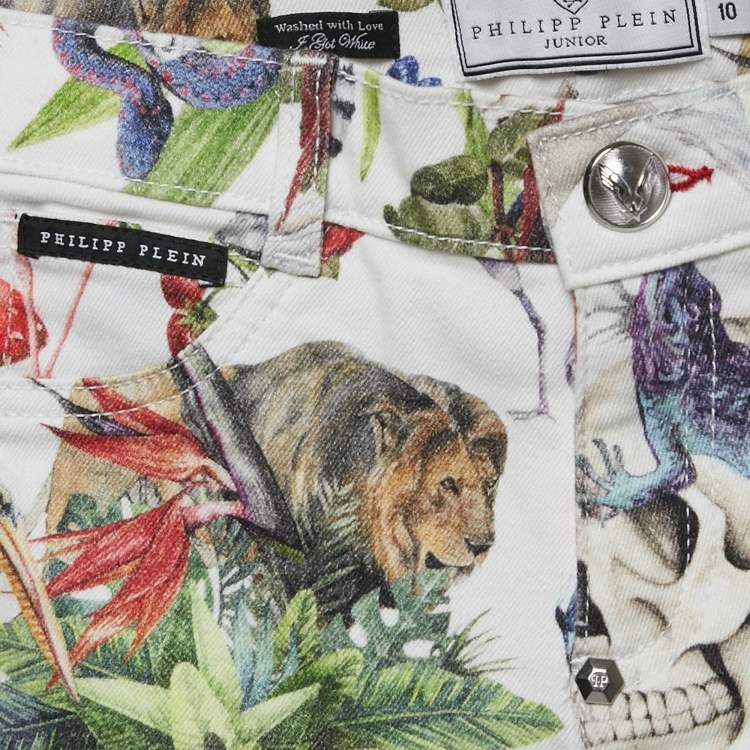 Pre Owned Philipp Plein Junior White Jungle Print Denim Studded Jeans 10 Yrs Waist 23" 