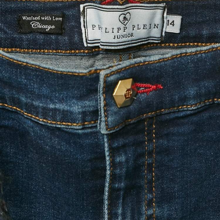 Pre Owned Philipp Plein Blue Studded Denim Raw Edge Skirt 14 Yrs