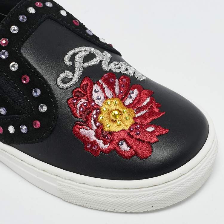 Pre Owned Philipp Plein Black Leather Embellished Lea Sneakers Size 27