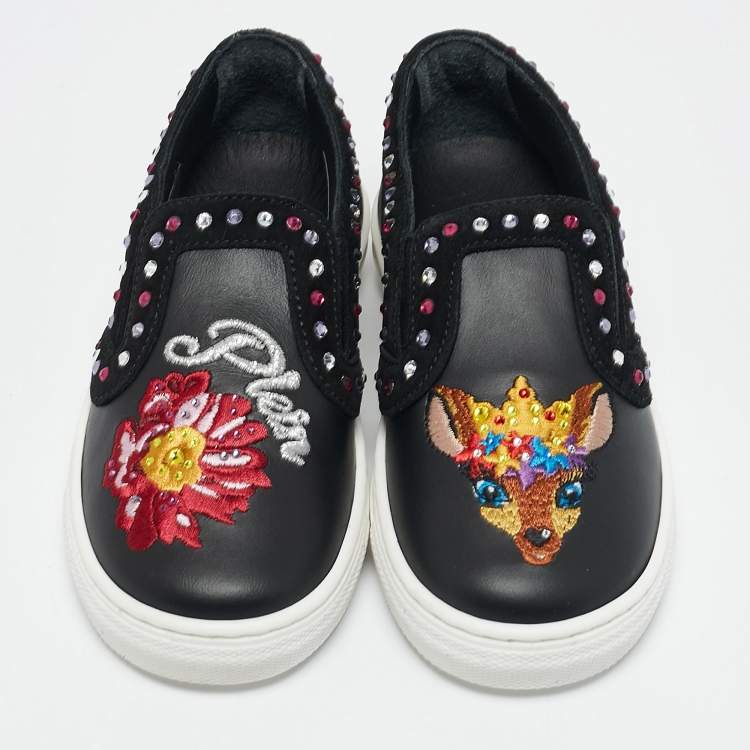 Pre Owned Philipp Plein Black Leather Embellished Lea Sneakers Size 27