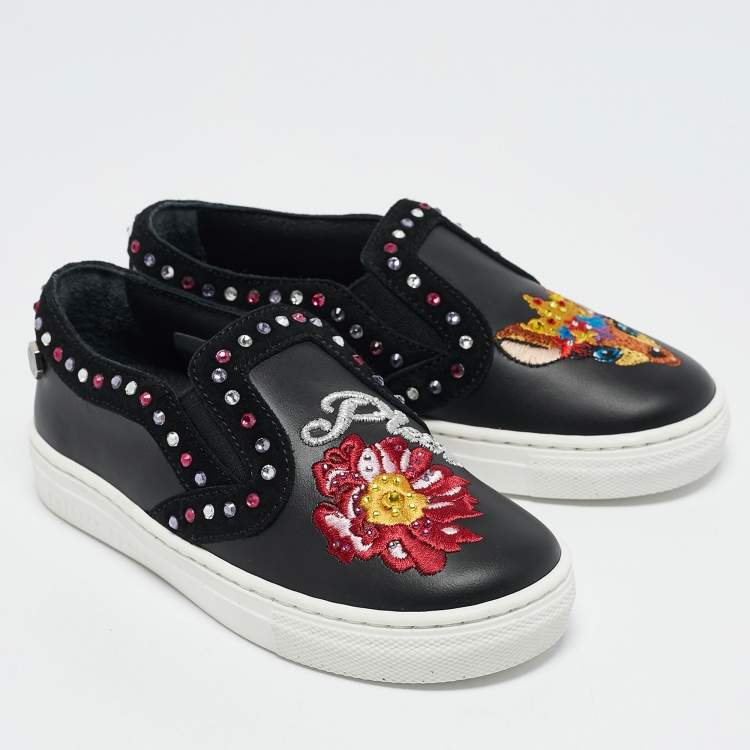 Pre Owned Philipp Plein Black Leather Embellished Lea Sneakers Size 27