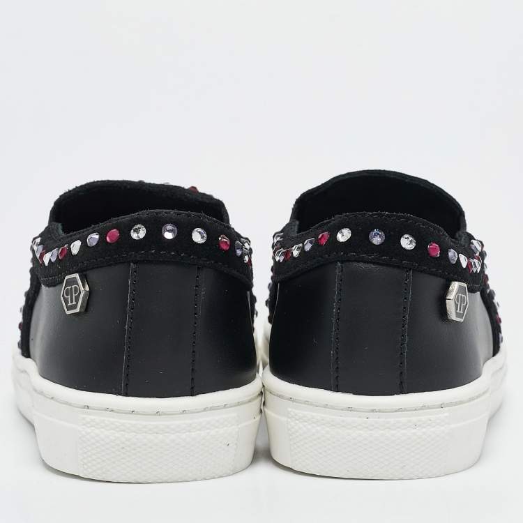 Pre Owned Philipp Plein Black Leather Embellished Lea Sneakers Size 27