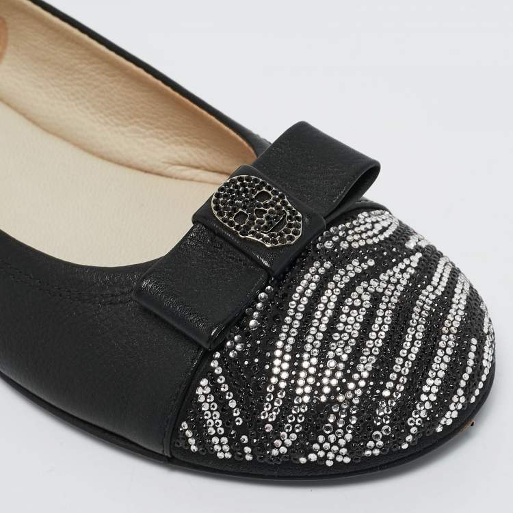 Pre Owned Philipp Plein Black Leather Crystal Embellished Aggressive Ballet Flats Size 32