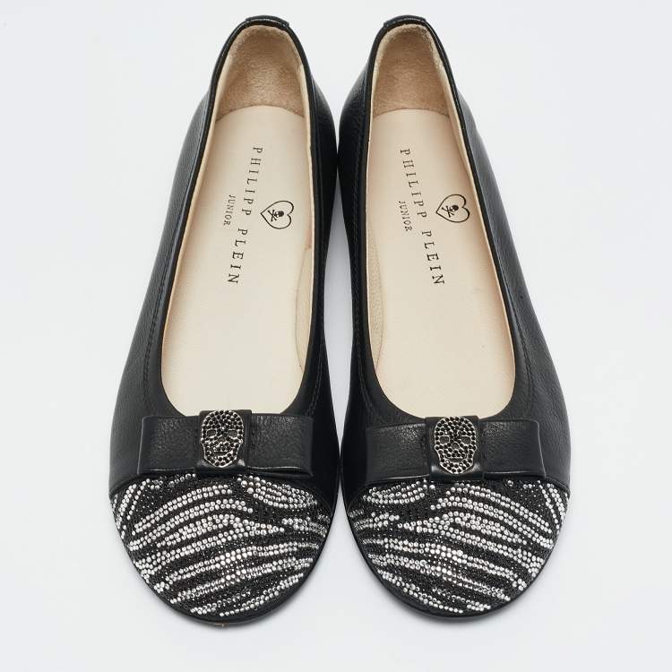 Pre Owned Philipp Plein Black Leather Crystal Embellished Aggressive Ballet Flats Size 32