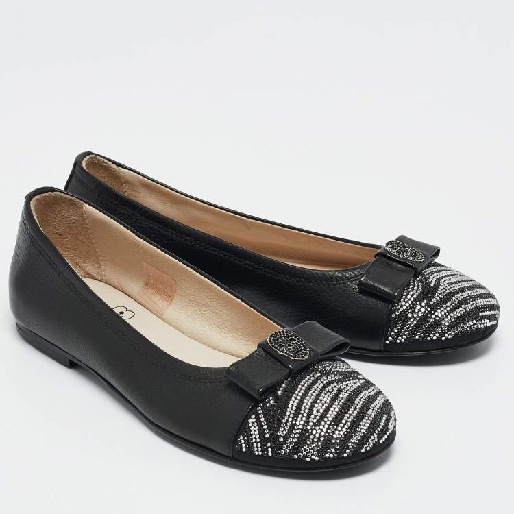 Pre Owned Philipp Plein Black Leather Crystal Embellished Aggressive Ballet Flats Size 32