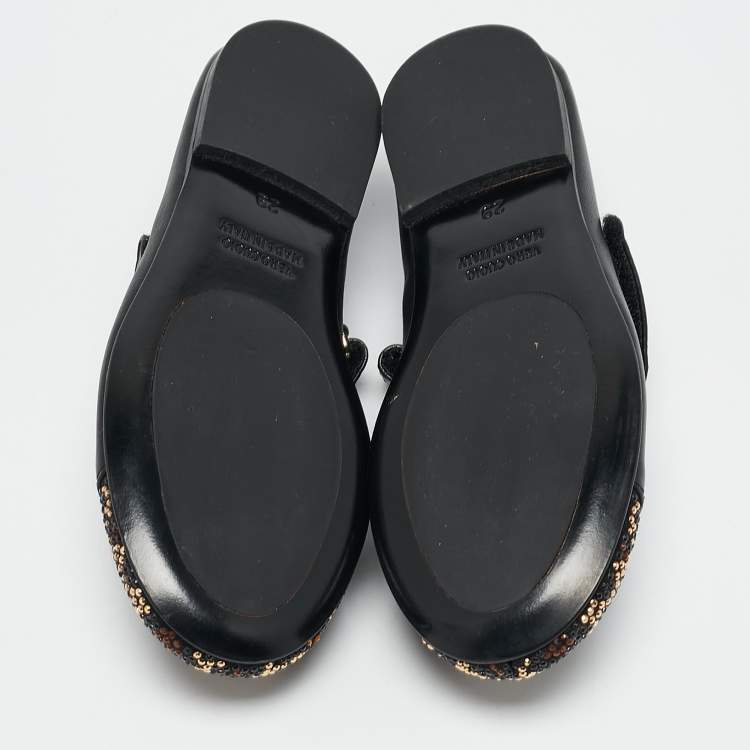 Pre Owned Philipp Plein Black Leather Crystal Embellished Bow Ballet Flats Size 29
