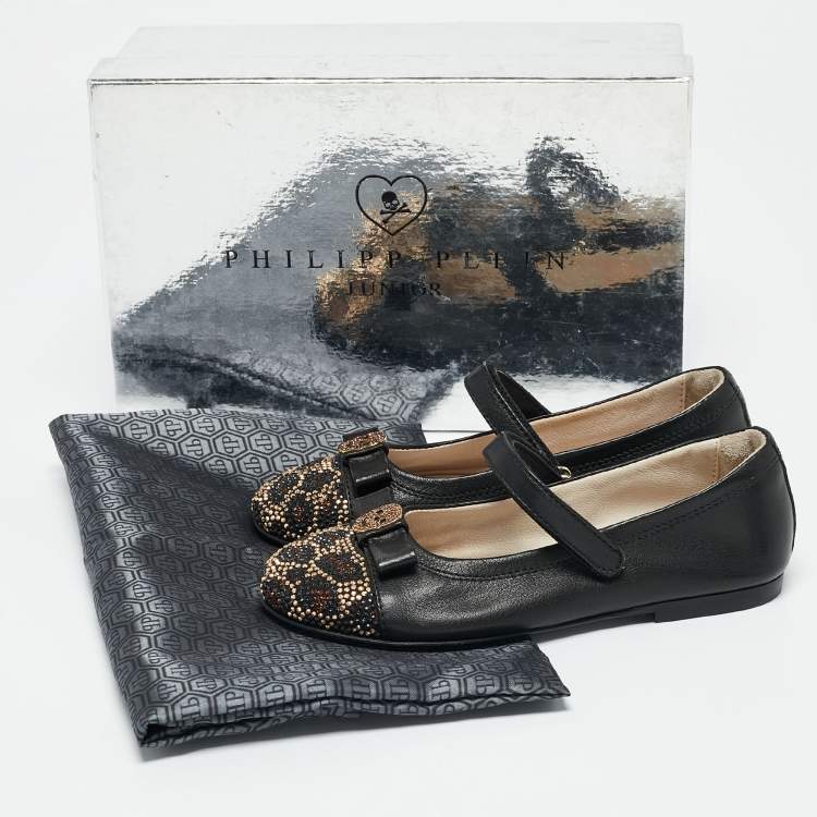 Pre Owned Philipp Plein Black Leather Crystal Embellished Bow Ballet Flats Size 29