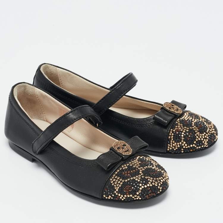 Pre Owned Philipp Plein Black Leather Crystal Embellished Bow Ballet Flats Size 29