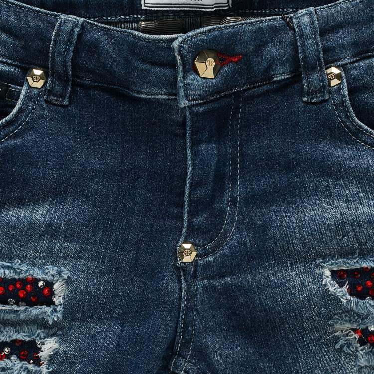 Pre Owned Philipp Plein Kids Middle Blue Studded Denim Distressed Shorts 10 Yrs