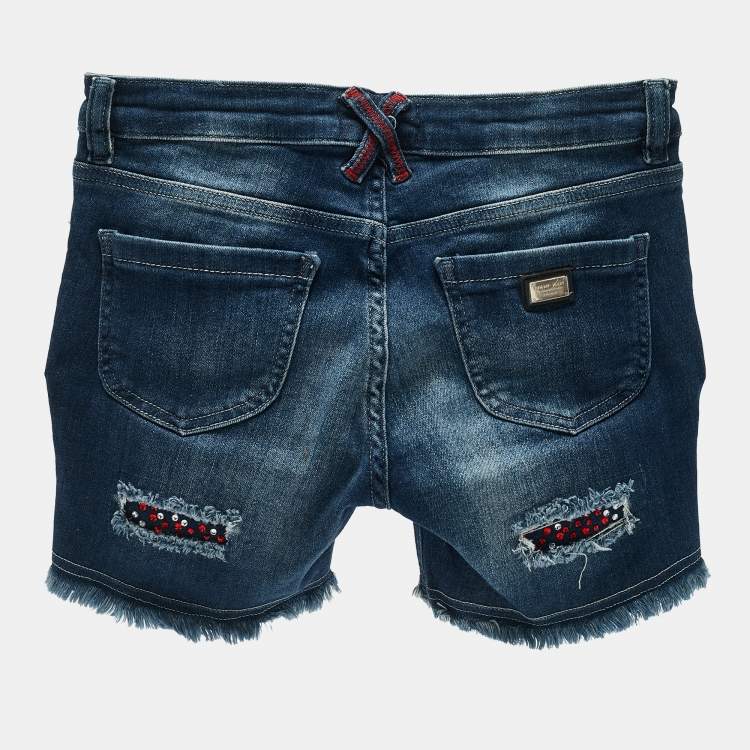 Pre Owned Philipp Plein Kids Middle Blue Studded Denim Distressed Shorts 10 Yrs