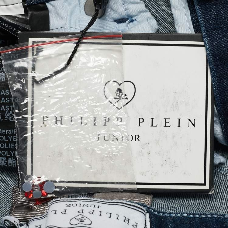 Pre Owned Philipp Plein Kids Middle Blue Studded Denim Distressed Shorts 10 Yrs