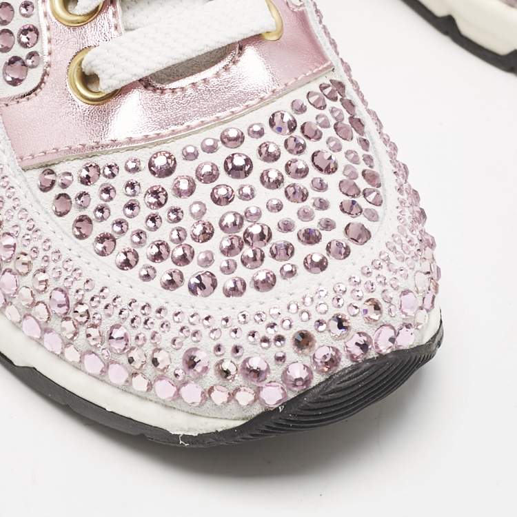 Pre Owned Philipp Plein Metallic Pink/White Leather and Suede Crystal Embellished Klarissa Sneakers Size 28
