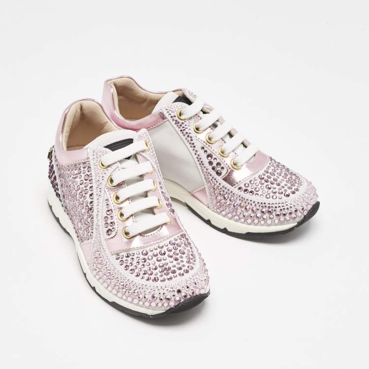 Pre Owned Philipp Plein Metallic Pink/White Leather and Suede Crystal Embellished Klarissa Sneakers Size 28