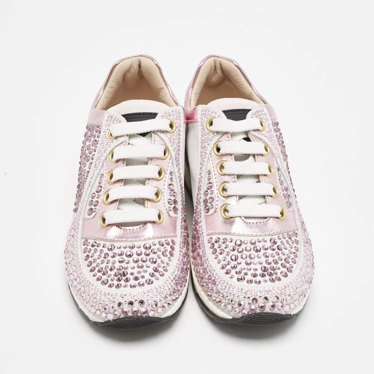 Pre Owned Philipp Plein Metallic Pink/White Leather and Suede Crystal Embellished Klarissa Sneakers Size 28