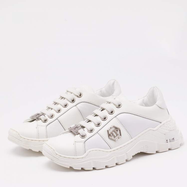 Pre Owned Philipp Plein White Leather Hexagon Sneakers Size 29