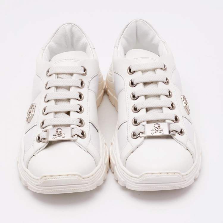 Pre Owned Philipp Plein White Leather Hexagon Sneakers Size 29