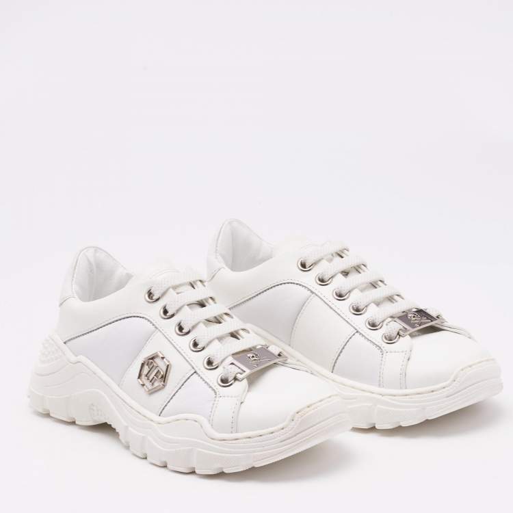 Pre Owned Philipp Plein White Leather Hexagon Sneakers Size 29