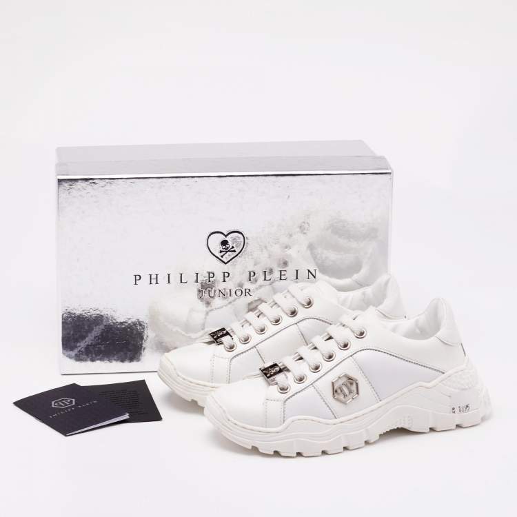Pre Owned Philipp Plein White Leather Hexagon Sneakers Size 29