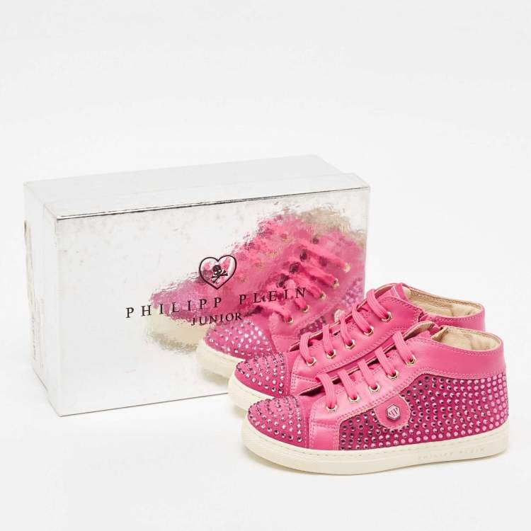 Pre Owned Philipp Plein Pink Suede Crystal Embellished High Top Sneakers Size 28