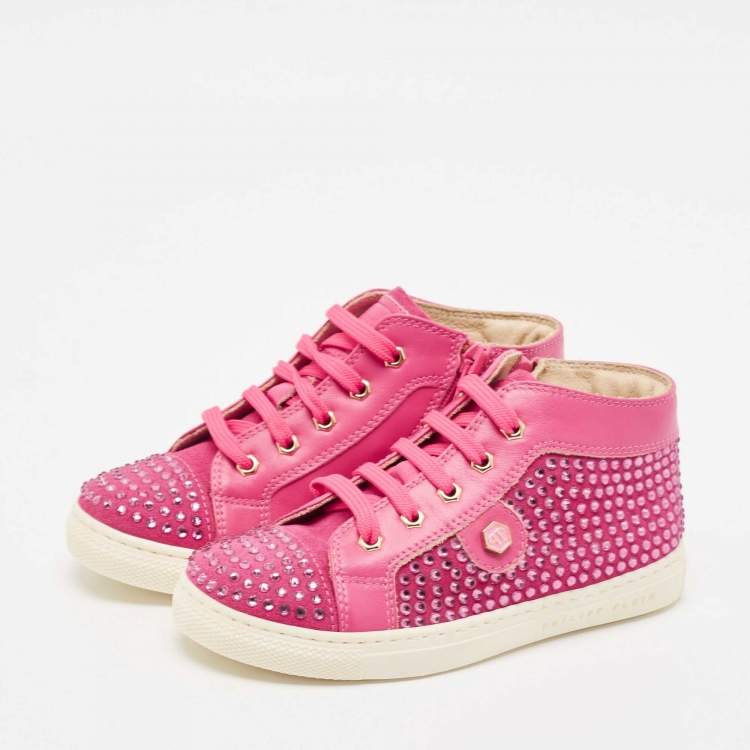 Pre Owned Philipp Plein Pink Suede Crystal Embellished High Top Sneakers Size 28