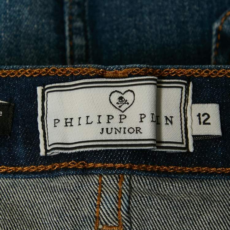 Pre Owned Philipp Plein Blue Crystal Embellished Denim Mini Skirt 12 Yrs 