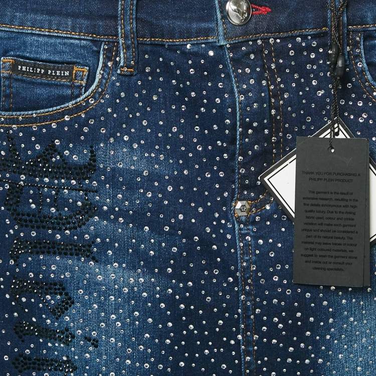 Pre Owned Philipp Plein Blue Crystal Embellished Denim Mini Skirt 12 Yrs 