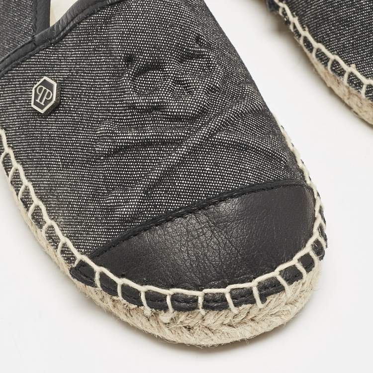 Pre Owned Philipp Plein Grey/Black Canvas and Leather Furious Kid Espadrille Flats Size 34