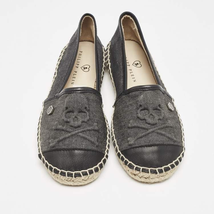 Pre Owned Philipp Plein Grey/Black Canvas and Leather Furious Kid Espadrille Flats Size 34