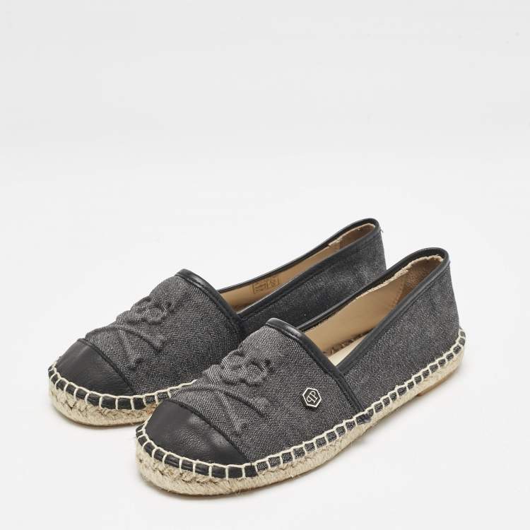 Pre Owned Philipp Plein Grey/Black Canvas and Leather Furious Kid Espadrille Flats Size 34