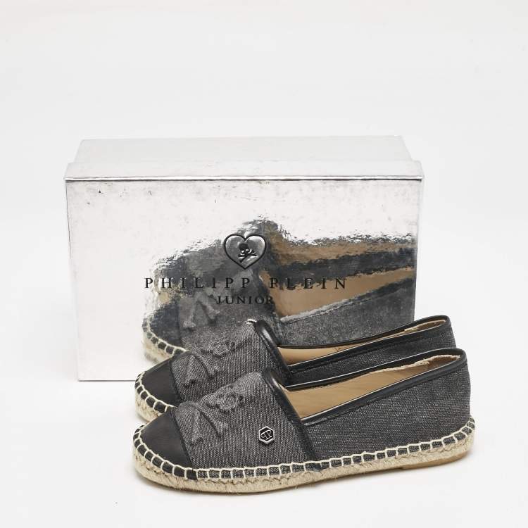 Pre Owned Philipp Plein Grey/Black Canvas and Leather Furious Kid Espadrille Flats Size 34