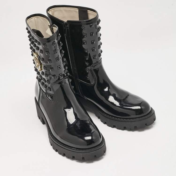 Pre Owned Philipp Plein Black Patent Leather Hide Away Ankle Boots Size 34