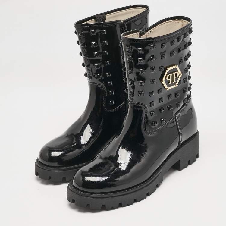 Pre Owned Philipp Plein Black Patent Leather Hide Away Ankle Boots Size 34