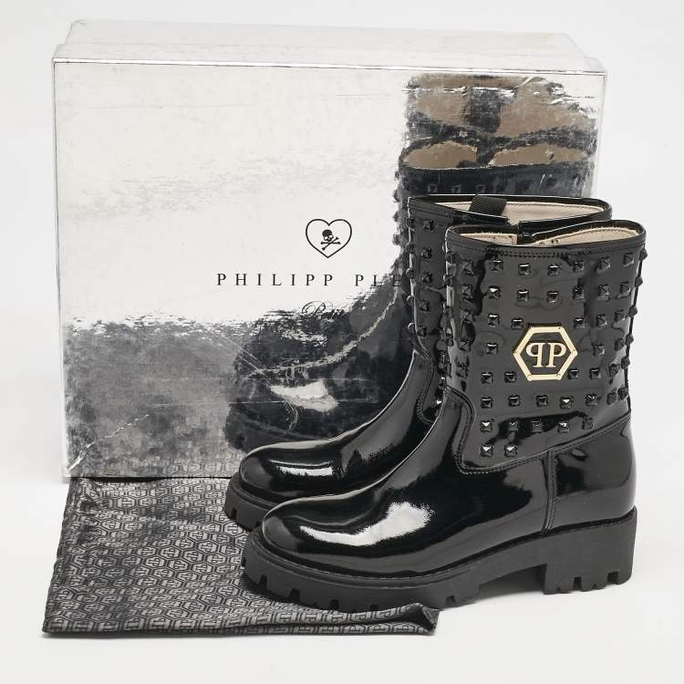 Pre Owned Philipp Plein Black Patent Leather Hide Away Ankle Boots Size 34