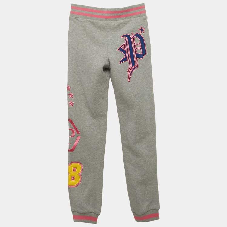 مملوكة مسبقًا Philipp Plein Junior Grey Embroidered Cotton Knit Joggers 8 Yrs