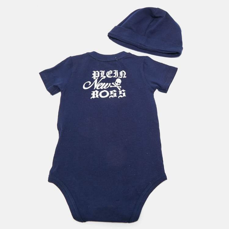 Pre Owned Philipp Plein Baby Blue Teddy Boss Print Cotton Sam D Romper Set 6-9M