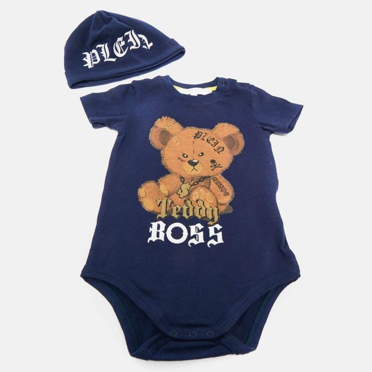Pre Owned Philipp Plein Baby Blue Teddy Boss Print Cotton Sam D Romper Set 6-9M