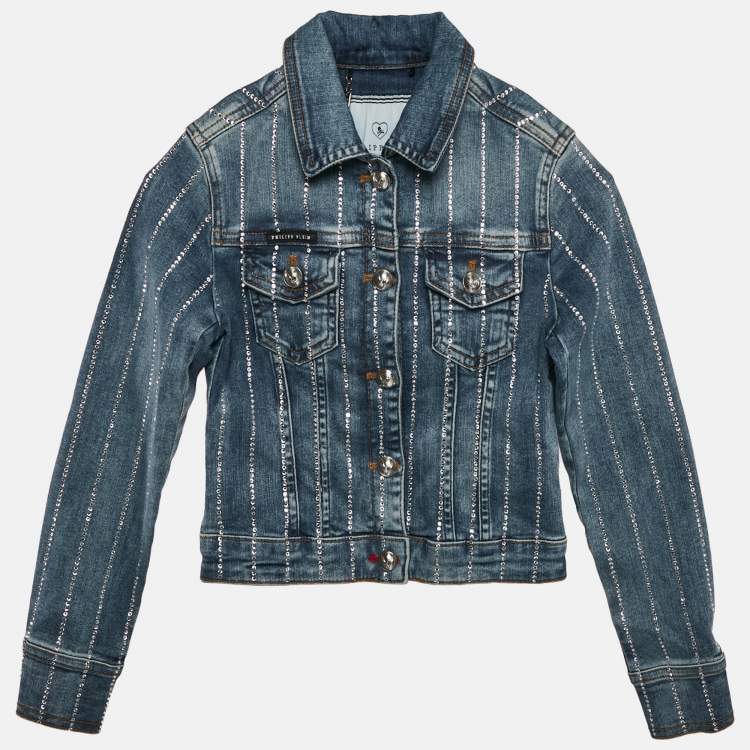 Pre Owned Philipp Plein Junior Blue Studded Denim Button Front Shelly Jacket 6 Yrs