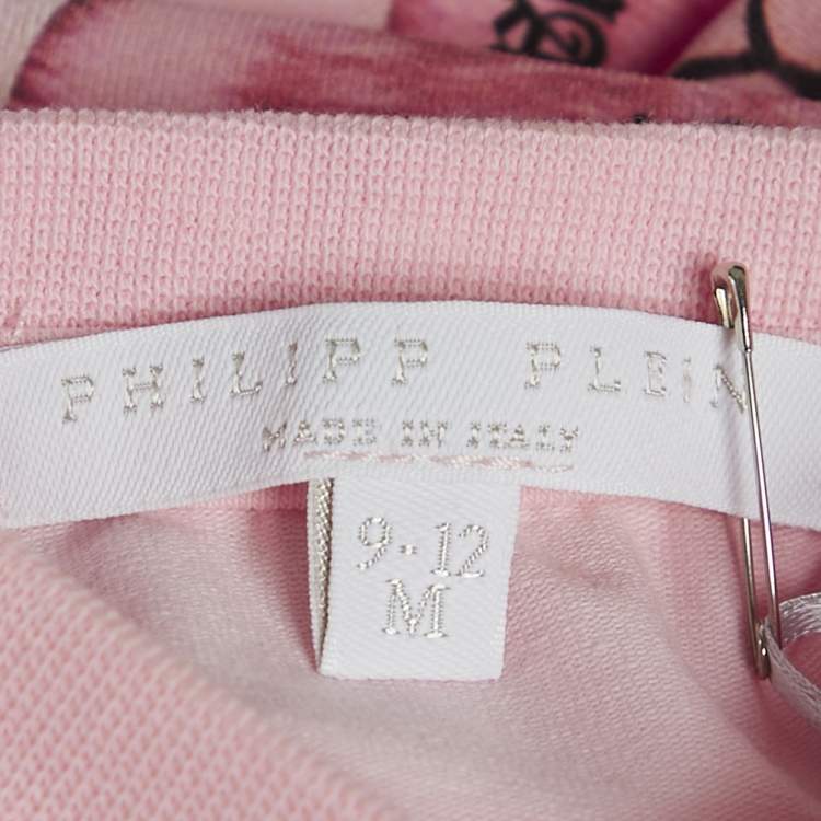 Pre Owned Philipp Plein Pink Printed Jersey Growsuit and Cap Set 9-12M