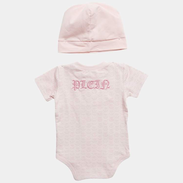 Pre Owned Philipp Plein Pink Printed Jersey Romper and Cap Set 6-9M
